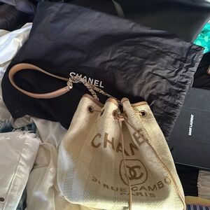 Chanel Deauville tan stripe crossbody bucket bag